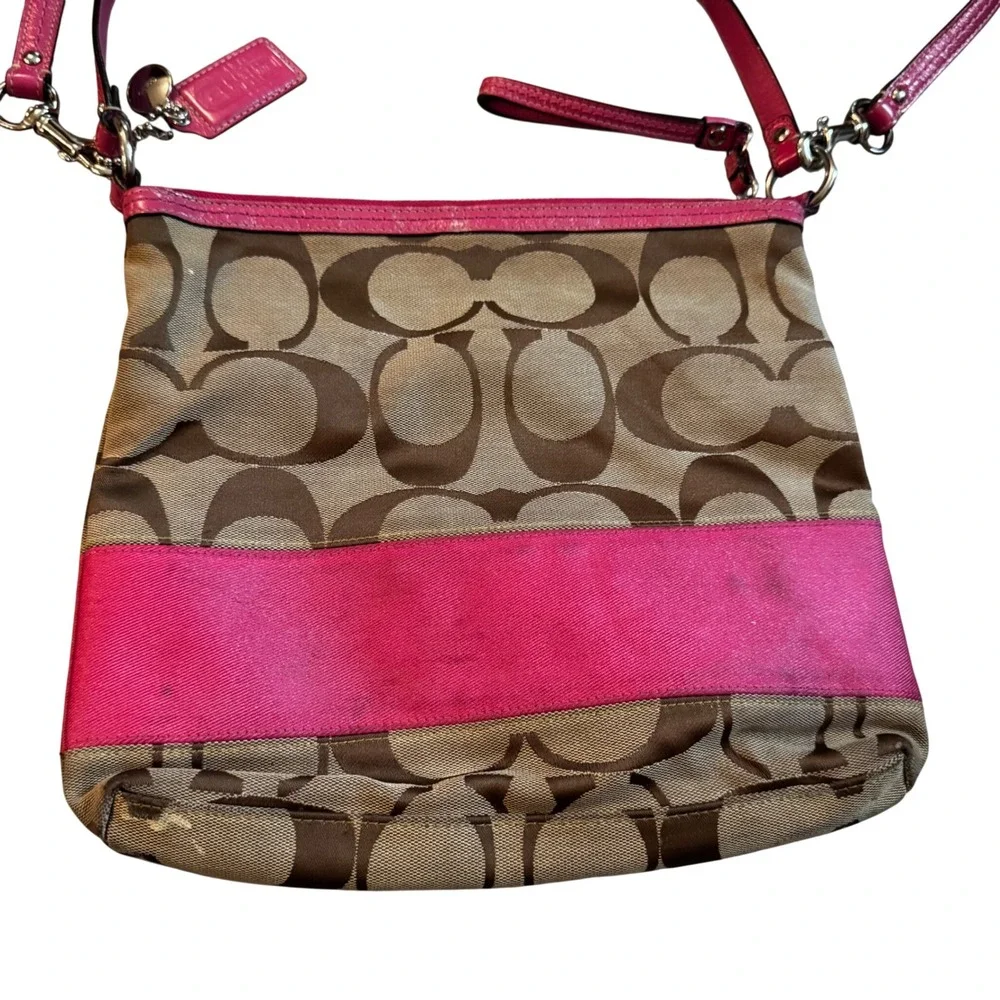 Coach Signature File Bag Pink Stripe Jacquard Crossbody F13674 Brown‎ Khaki